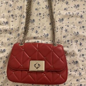 RARE Red Leather Coach Diamond Quilted Silver Studded Crossbody Handbag Purse